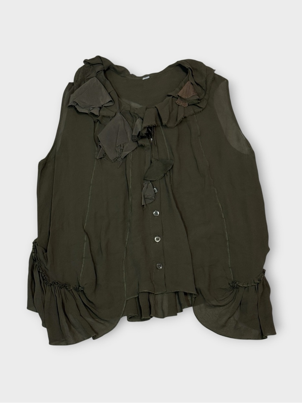 Olive Silk Blend Ruffle Blouse Sleeveless Lagenlook Top